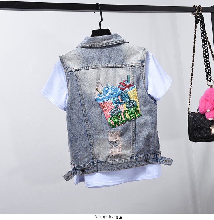 Mode Jeans Sets Denim Vest Jas Sets Vrouwen Tweedelige Set 2019 Lente Herfst Cartoon Lovertjes Jas + Gat Jeans femme