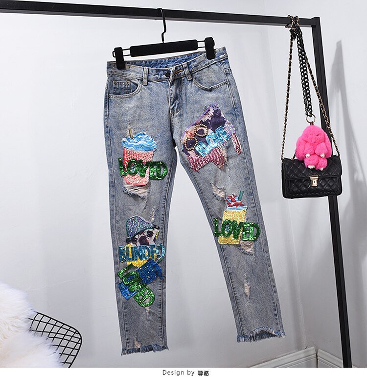 Mode Jeans Sets Denim Vest Jas Sets Vrouwen Tweedelige Set 2019 Lente Herfst Cartoon Lovertjes Jas + Gat Jeans femme