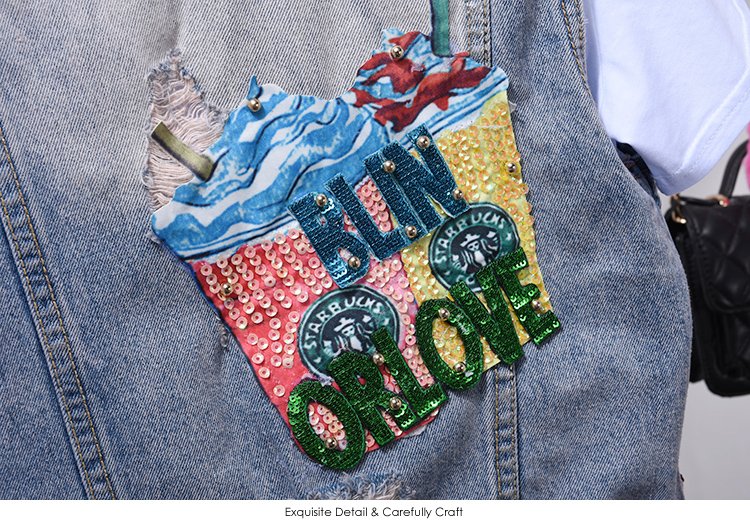Mode Jeans Sets Denim Vest Jas Sets Vrouwen Tweedelige Set 2019 Lente Herfst Cartoon Lovertjes Jas + Gat Jeans femme