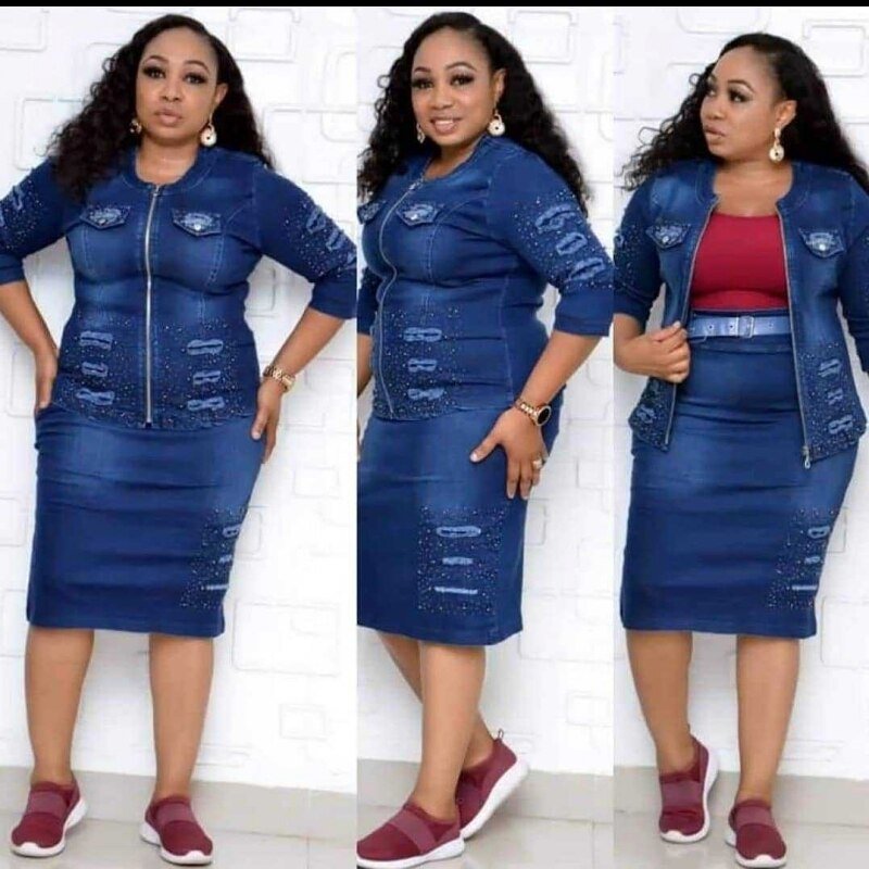 Afrikaanse Herfst Vrouwen Sets Casual Gat Jean Rok Rits Jas Tweedelige Pak O-hals 3/4 Mouwen Knielengte Streetwear Set