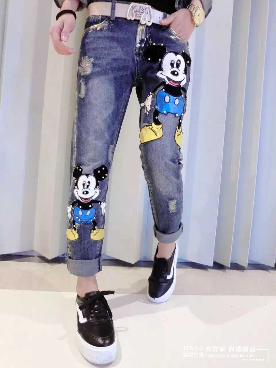 Europese Stijl vrouwen Lente 2 Sets Dames Mooie Mickey Bead Korte Jassen Jas + Tonen Dunne Jeans Set Student mode Pak