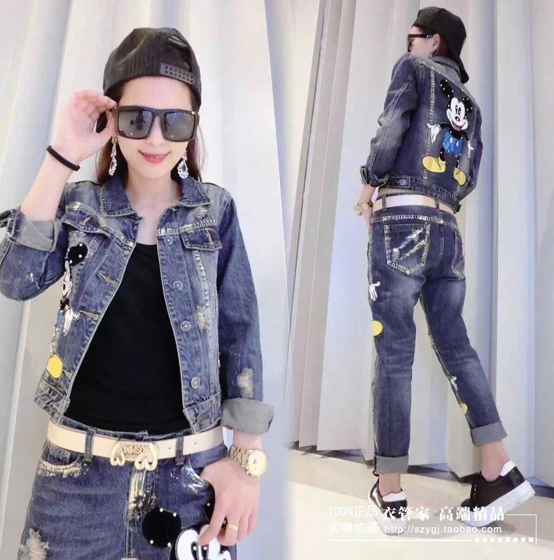 Europese Stijl vrouwen Lente 2 Sets Dames Mooie Mickey Bead Korte Jassen Jas + Tonen Dunne Jeans Set Student mode Pak