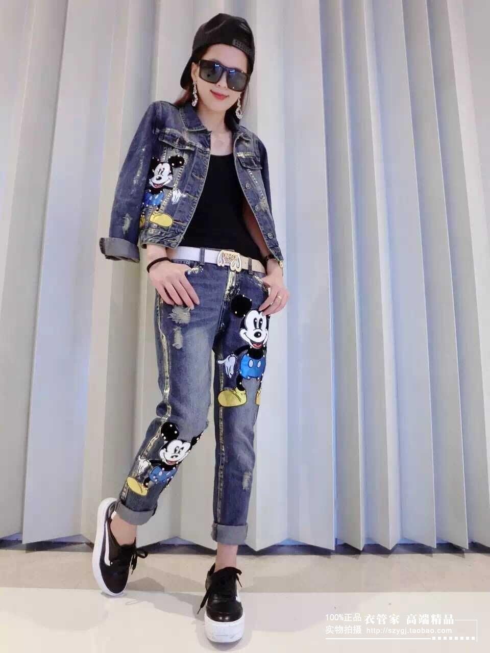 Europese Stijl vrouwen Lente 2 Sets Dames Mooie Mickey Bead Korte Jassen Jas + Tonen Dunne Jeans Set Student mode Pak