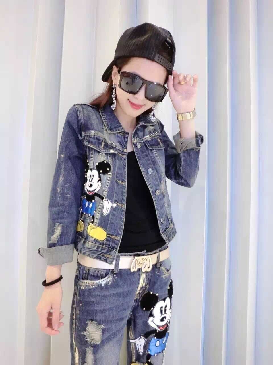 Europese Stijl vrouwen Lente 2 Sets Dames Mooie Mickey Bead Korte Jassen Jas + Tonen Dunne Jeans Set Student mode Pak