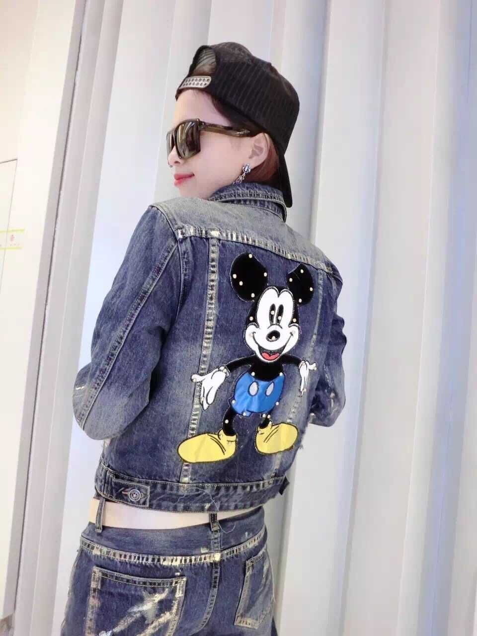 Europese Stijl vrouwen Lente 2 Sets Dames Mooie Mickey Bead Korte Jassen Jas + Tonen Dunne Jeans Set Student mode Pak