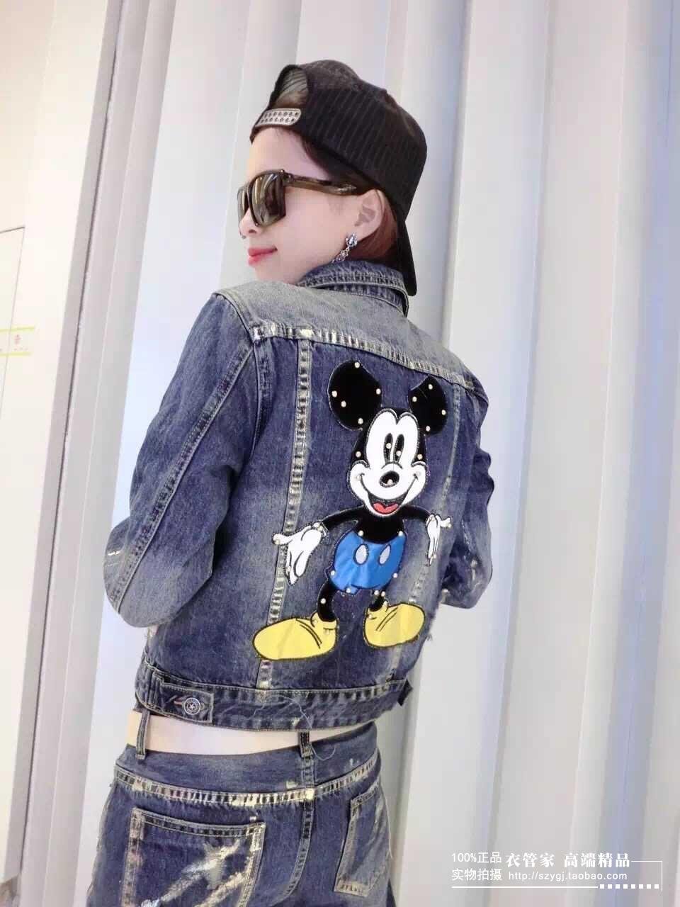 Europese Stijl vrouwen Lente 2 Sets Dames Mooie Mickey Bead Korte Jassen Jas + Tonen Dunne Jeans Set Student mode Pak