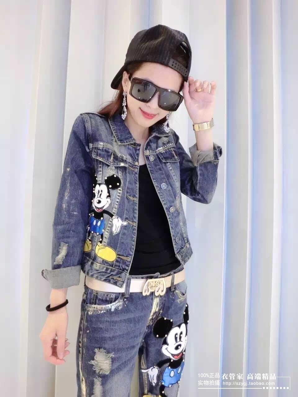 Europese Stijl vrouwen Lente 2 Sets Dames Mooie Mickey Bead Korte Jassen Jas + Tonen Dunne Jeans Set Student mode Pak