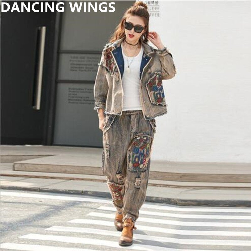 Koreaanse Dames Jeans Jassen Casual Broek Womens Denim Tweedelige Sets Lente Trainingspak Vrouw Bloemen Kleding Outfits