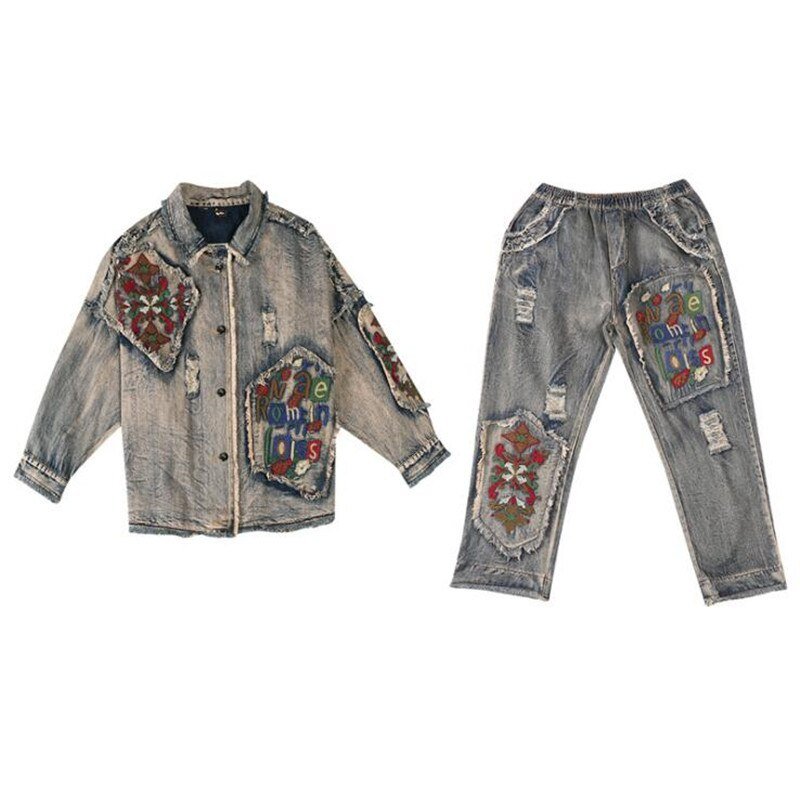 Koreaanse Dames Jeans Jassen Casual Broek Womens Denim Tweedelige Sets Lente Trainingspak Vrouw Bloemen Kleding Outfits