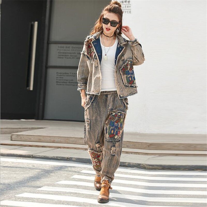 Koreaanse Dames Jeans Jassen Casual Broek Womens Denim Tweedelige Sets Lente Trainingspak Vrouw Bloemen Kleding Outfits