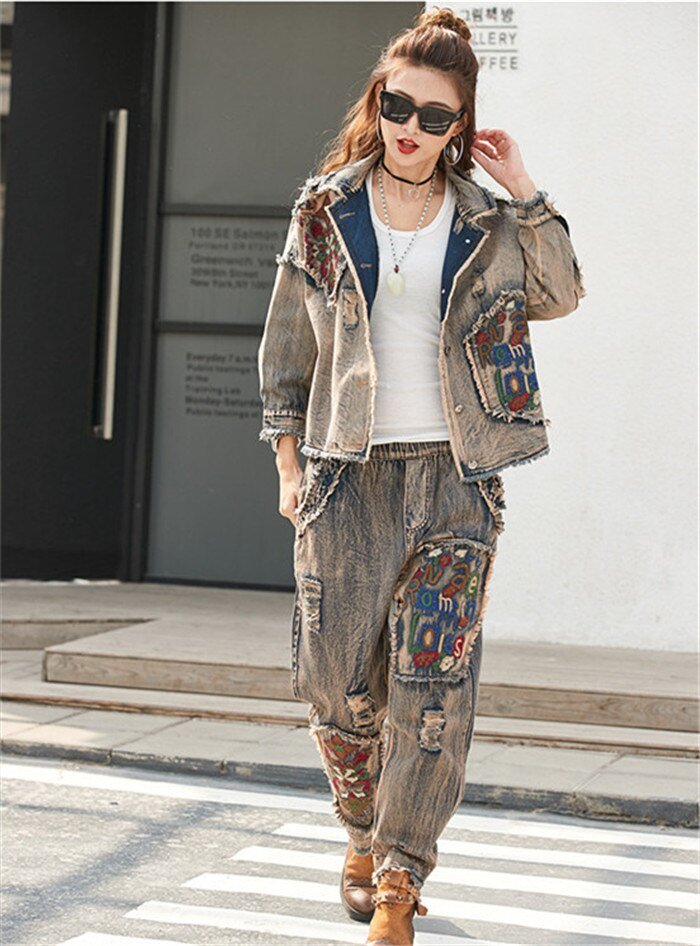 Koreaanse Dames Jeans Jassen Casual Broek Womens Denim Tweedelige Sets Lente Trainingspak Vrouw Bloemen Kleding Outfits