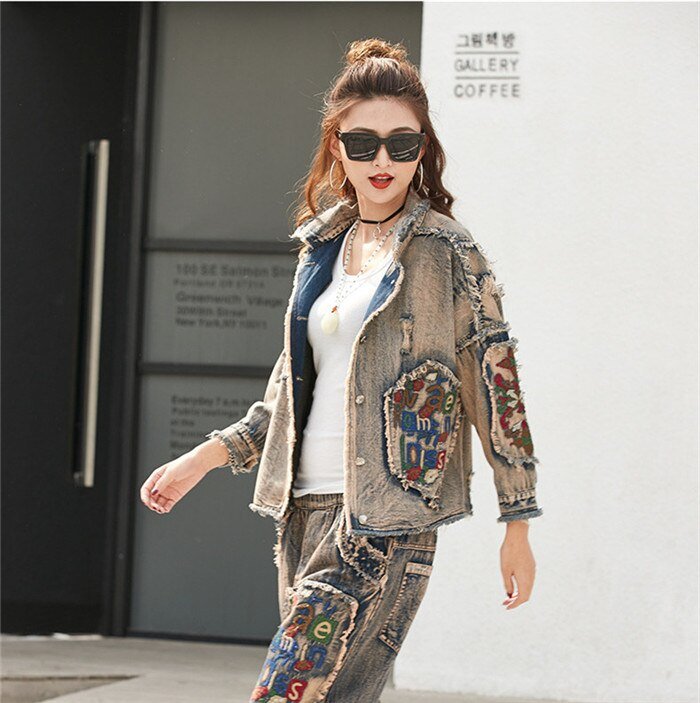 Koreaanse Dames Jeans Jassen Casual Broek Womens Denim Tweedelige Sets Lente Trainingspak Vrouw Bloemen Kleding Outfits