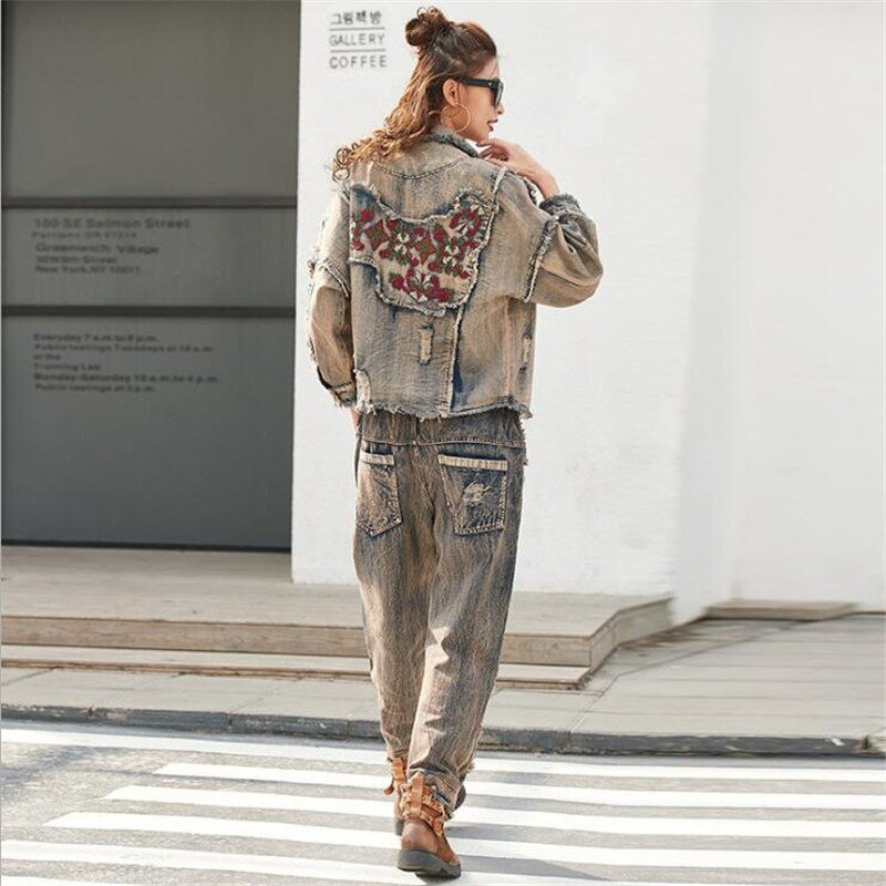 Koreaanse Dames Jeans Jassen Casual Broek Womens Denim Tweedelige Sets Lente Trainingspak Vrouw Bloemen Kleding Outfits