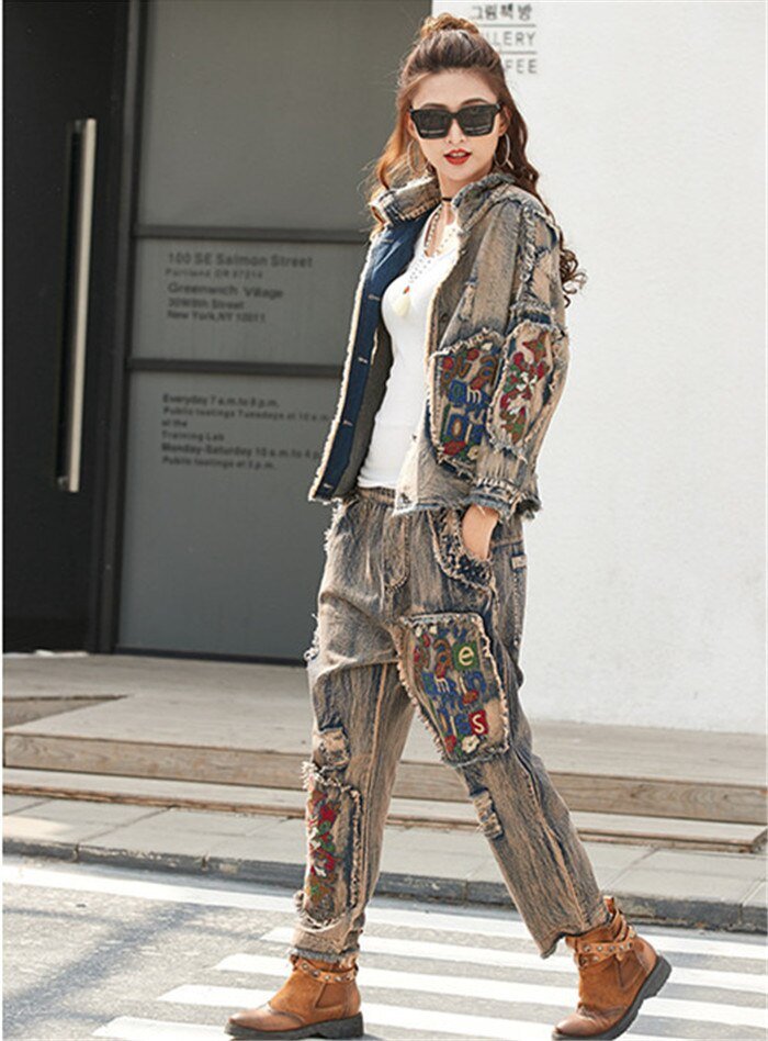 Koreaanse Dames Jeans Jassen Casual Broek Womens Denim Tweedelige Sets Lente Trainingspak Vrouw Bloemen Kleding Outfits
