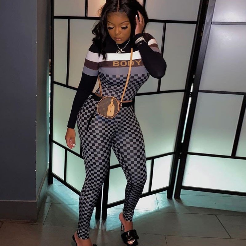 Kricesseen Casual Plaid Twee Stukken Broek Set Vrouwen Brief Top En Biker Lange Broek Past 2 Stuks Outfits Bijpassende set