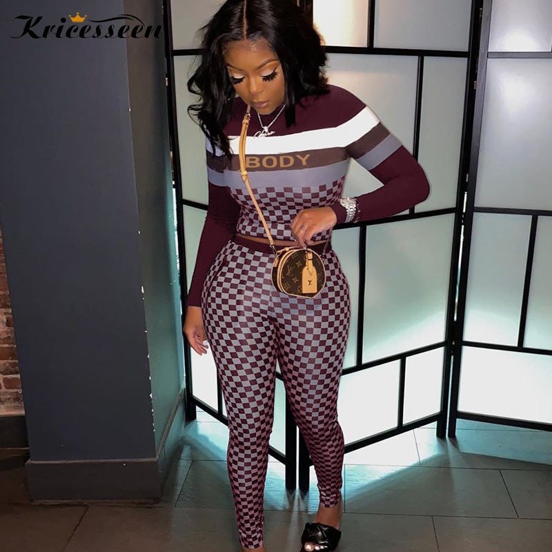 Kricesseen Casual Plaid Twee Stukken Broek Set Vrouwen Brief Top En Biker Lange Broek Past 2 Stuks Outfits Bijpassende set