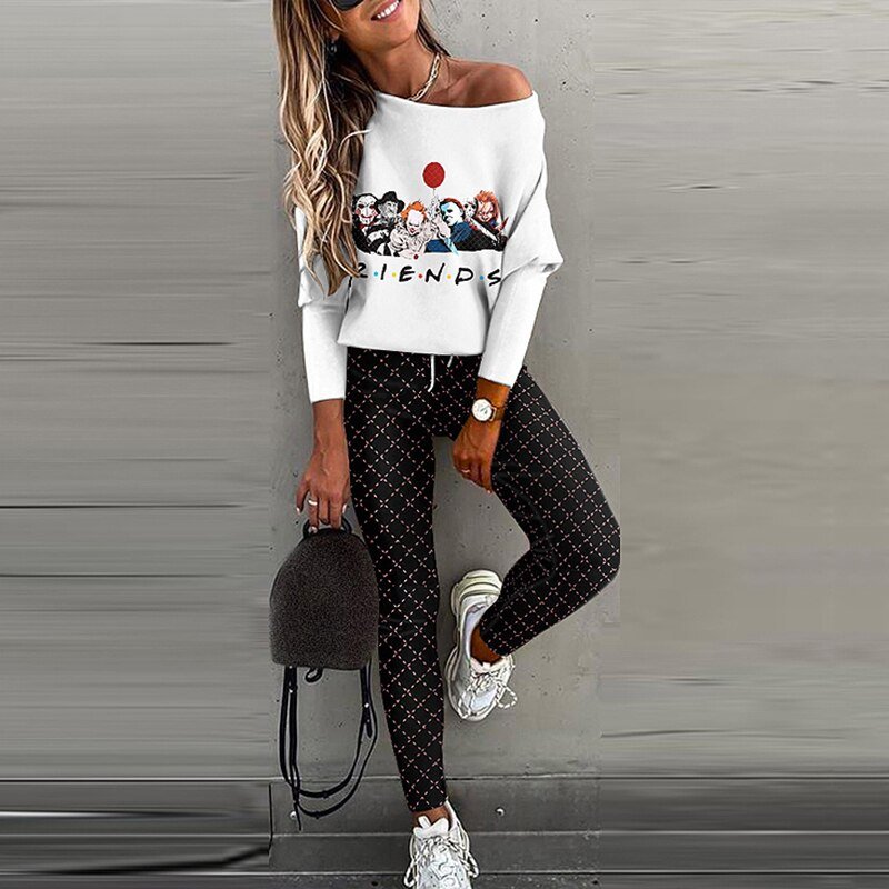 Sexy Off Shoulder Geribbelde Trainingspak Twee Delige Set Casual Vrouwen Print Tops En Jogger Lange Broek Outfits Herfst Slanke Sweatpant set