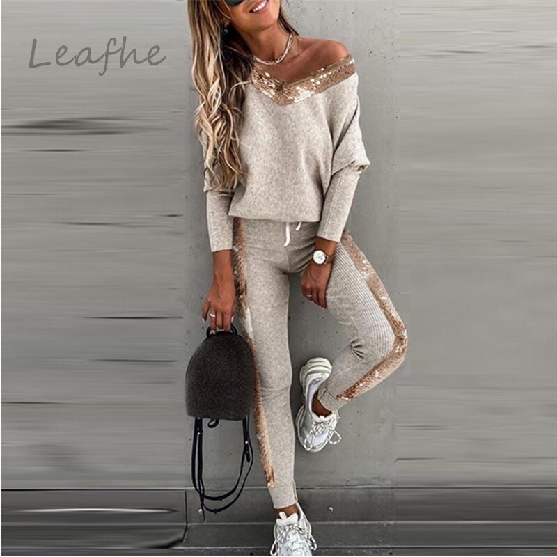 Sexy Off Shoulder Geribbelde Trainingspak Twee Delige Set Casual Vrouwen Print Tops En Jogger Lange Broek Outfits Herfst Slanke Sweatpant set