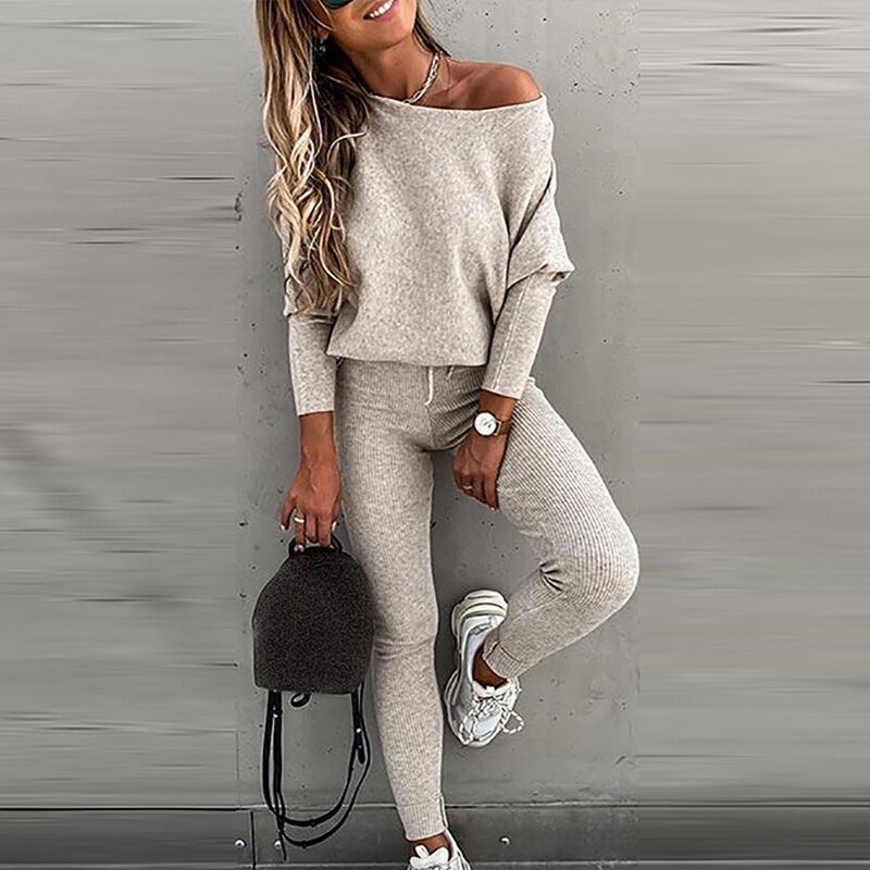 Sexy Off Shoulder Geribbelde Trainingspak Twee Delige Set Casual Vrouwen Print Tops En Jogger Lange Broek Outfits Herfst Slanke Sweatpant set