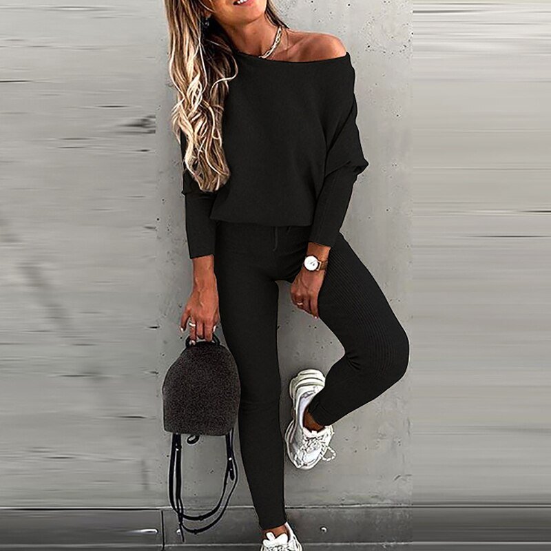 Sexy Off Shoulder Geribbelde Trainingspak Twee Delige Set Casual Vrouwen Print Tops En Jogger Lange Broek Outfits Herfst Slanke Sweatpant set