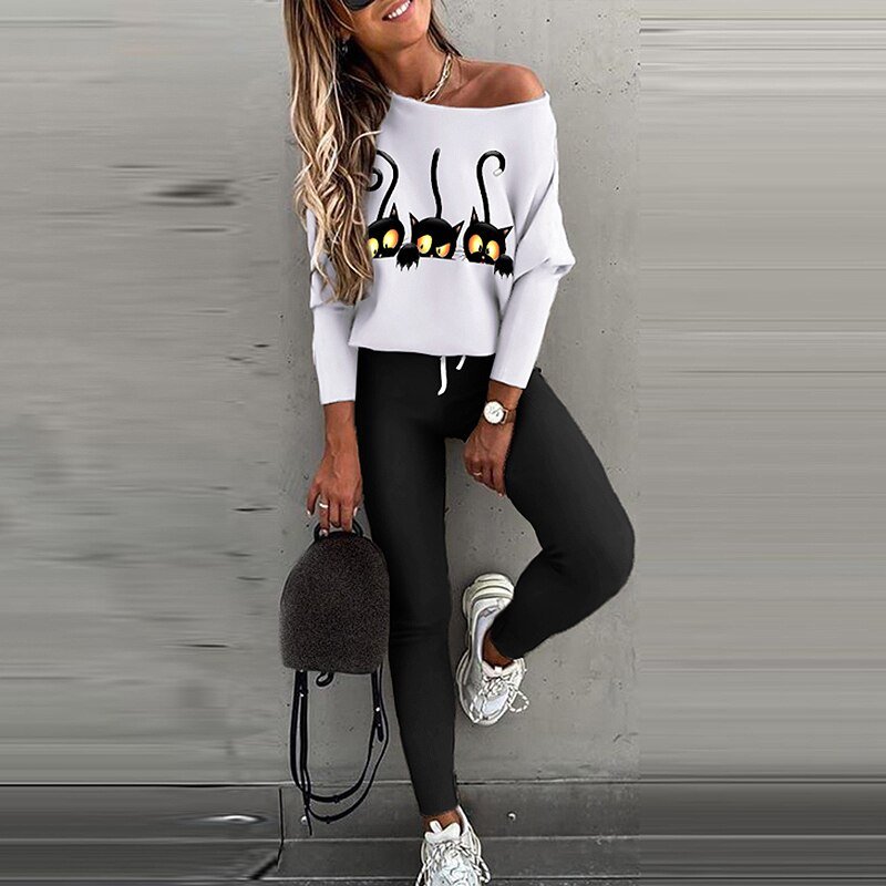 Sexy Off Shoulder Geribbelde Trainingspak Twee Delige Set Casual Vrouwen Print Tops En Jogger Lange Broek Outfits Herfst Slanke Sweatpant set