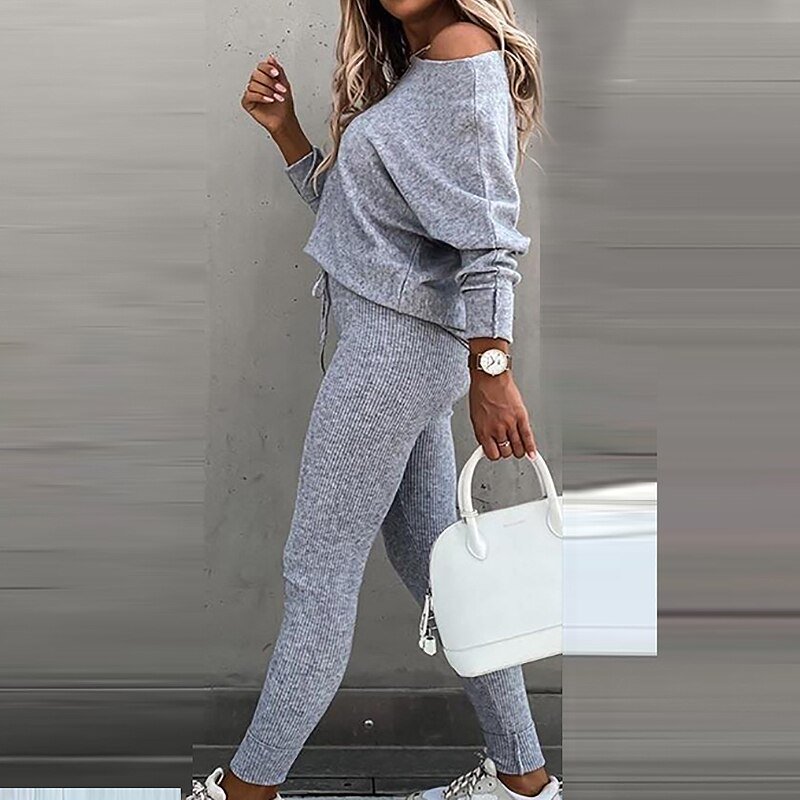 Sexy Off Shoulder Geribbelde Trainingspak Twee Delige Set Casual Vrouwen Print Tops En Jogger Lange Broek Outfits Herfst Slanke Sweatpant set