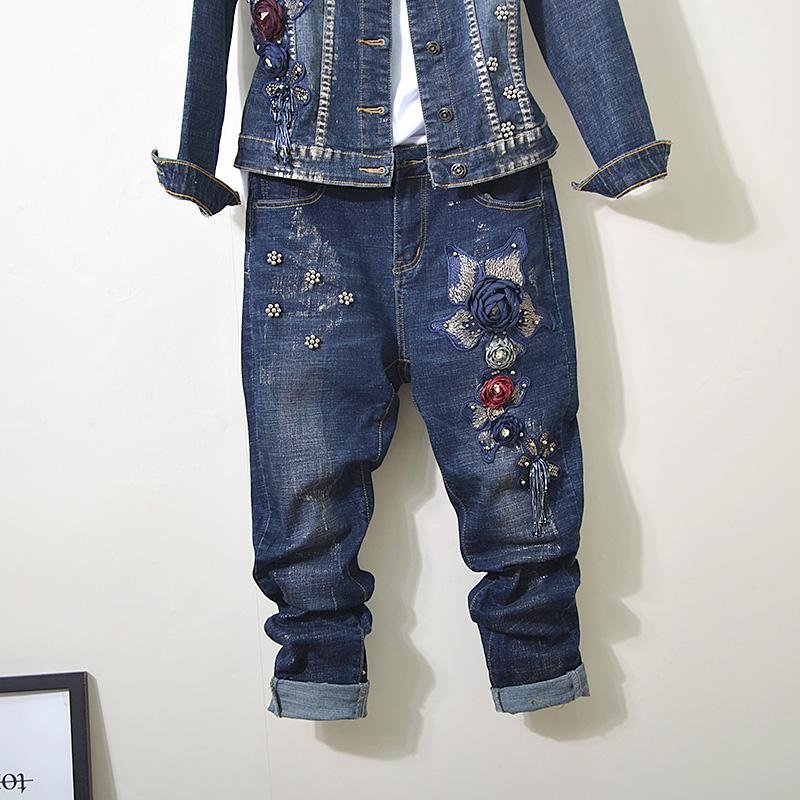 Lente Herfst Womens Sets Europese Goederen Industrial Stereo Bloem Sequin Bead Elasticiteit Jeans + Lange Mouwen Jas 2 Delige Set