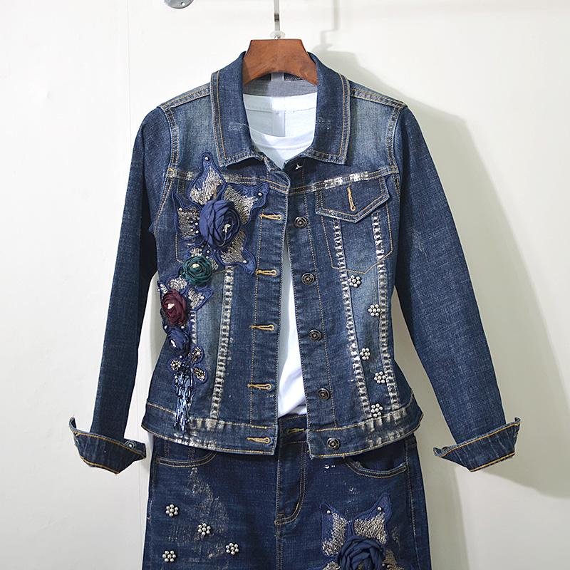 Lente Herfst Womens Sets Europese Goederen Industrial Stereo Bloem Sequin Bead Elasticiteit Jeans + Lange Mouwen Jas 2 Delige Set