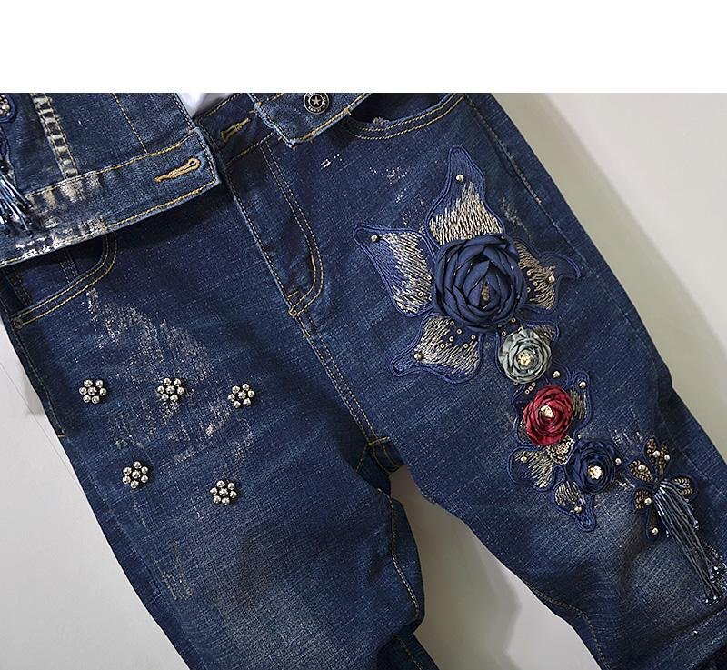 Lente Herfst Womens Sets Europese Goederen Industrial Stereo Bloem Sequin Bead Elasticiteit Jeans + Lange Mouwen Jas 2 Delige Set