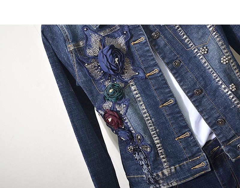 Lente Herfst Womens Sets Europese Goederen Industrial Stereo Bloem Sequin Bead Elasticiteit Jeans + Lange Mouwen Jas 2 Delige Set