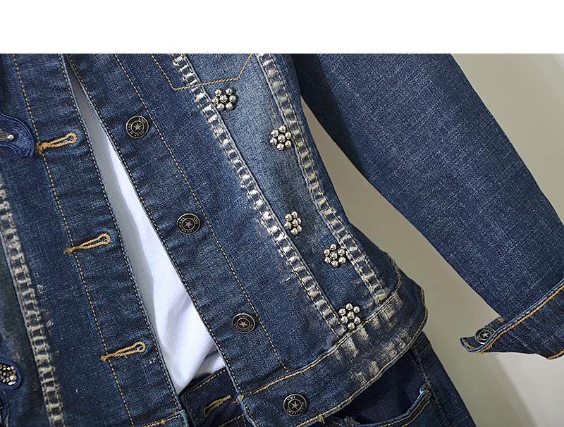 Lente Herfst Womens Sets Europese Goederen Industrial Stereo Bloem Sequin Bead Elasticiteit Jeans + Lange Mouwen Jas 2 Delige Set