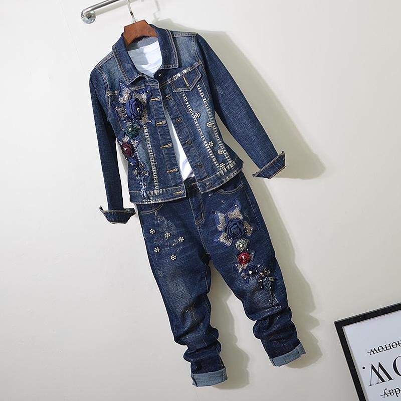 Lente Herfst Womens Sets Europese Goederen Industrial Stereo Bloem Sequin Bead Elasticiteit Jeans + Lange Mouwen Jas 2 Delige Set