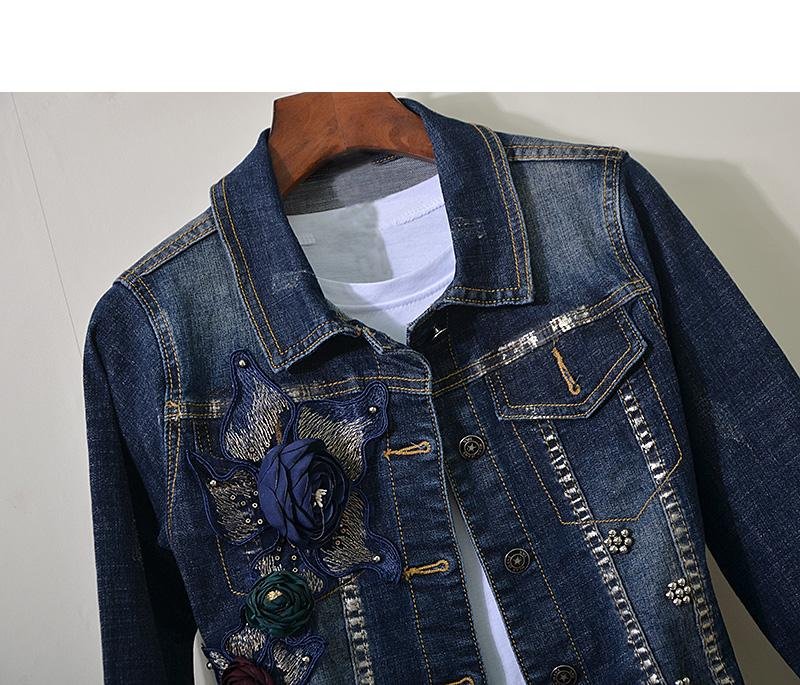 Lente Herfst Womens Sets Europese Goederen Industrial Stereo Bloem Sequin Bead Elasticiteit Jeans + Lange Mouwen Jas 2 Delige Set