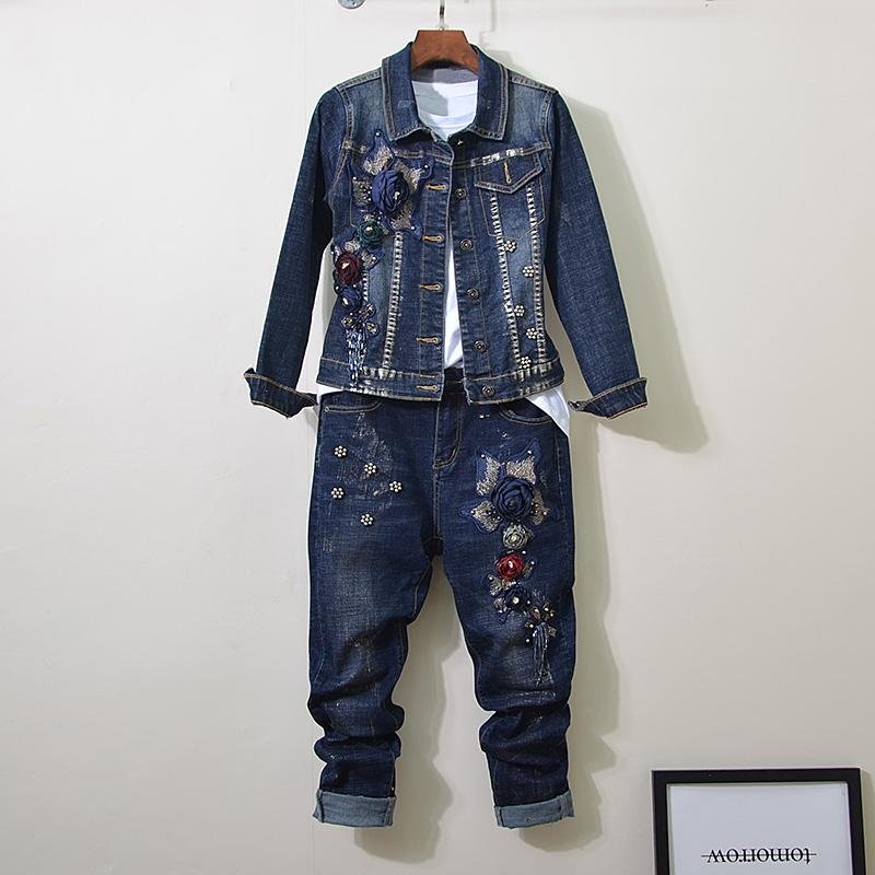 Lente Herfst Womens Sets Europese Goederen Industrial Stereo Bloem Sequin Bead Elasticiteit Jeans + Lange Mouwen Jas 2 Delige Set