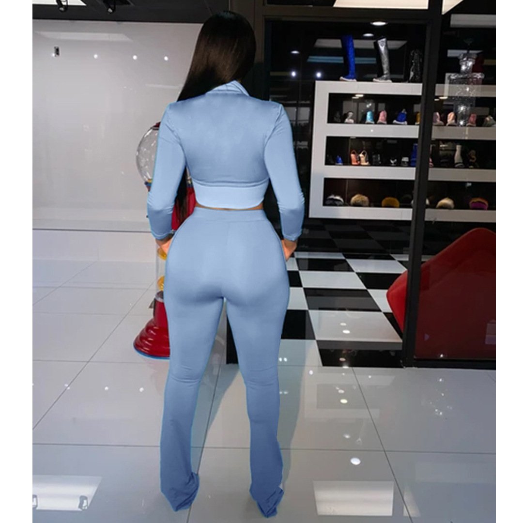 Vrouwen Effen Kleur Tweedelige Set Lange Mouwen Turn-Down Kraag Rits Jas Gestapeld Broek Leggings Jogger Set outfit Voor Vrouwen