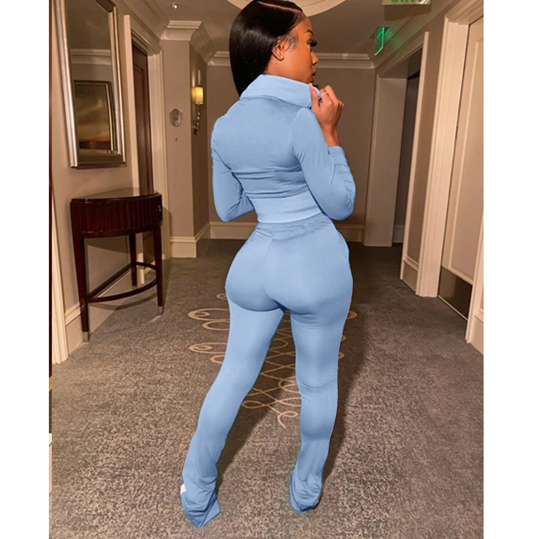 Vrouwen Effen Kleur Tweedelige Set Lange Mouwen Turn-Down Kraag Rits Jas Gestapeld Broek Leggings Jogger Set outfit Voor Vrouwen
