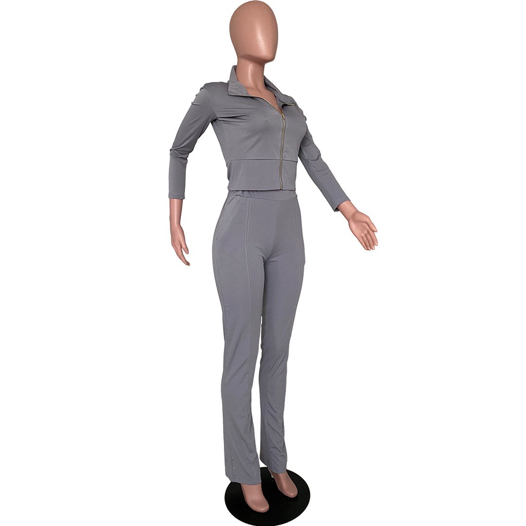Vrouwen Effen Kleur Tweedelige Set Lange Mouwen Turn-Down Kraag Rits Jas Gestapeld Broek Leggings Jogger Set outfit Voor Vrouwen