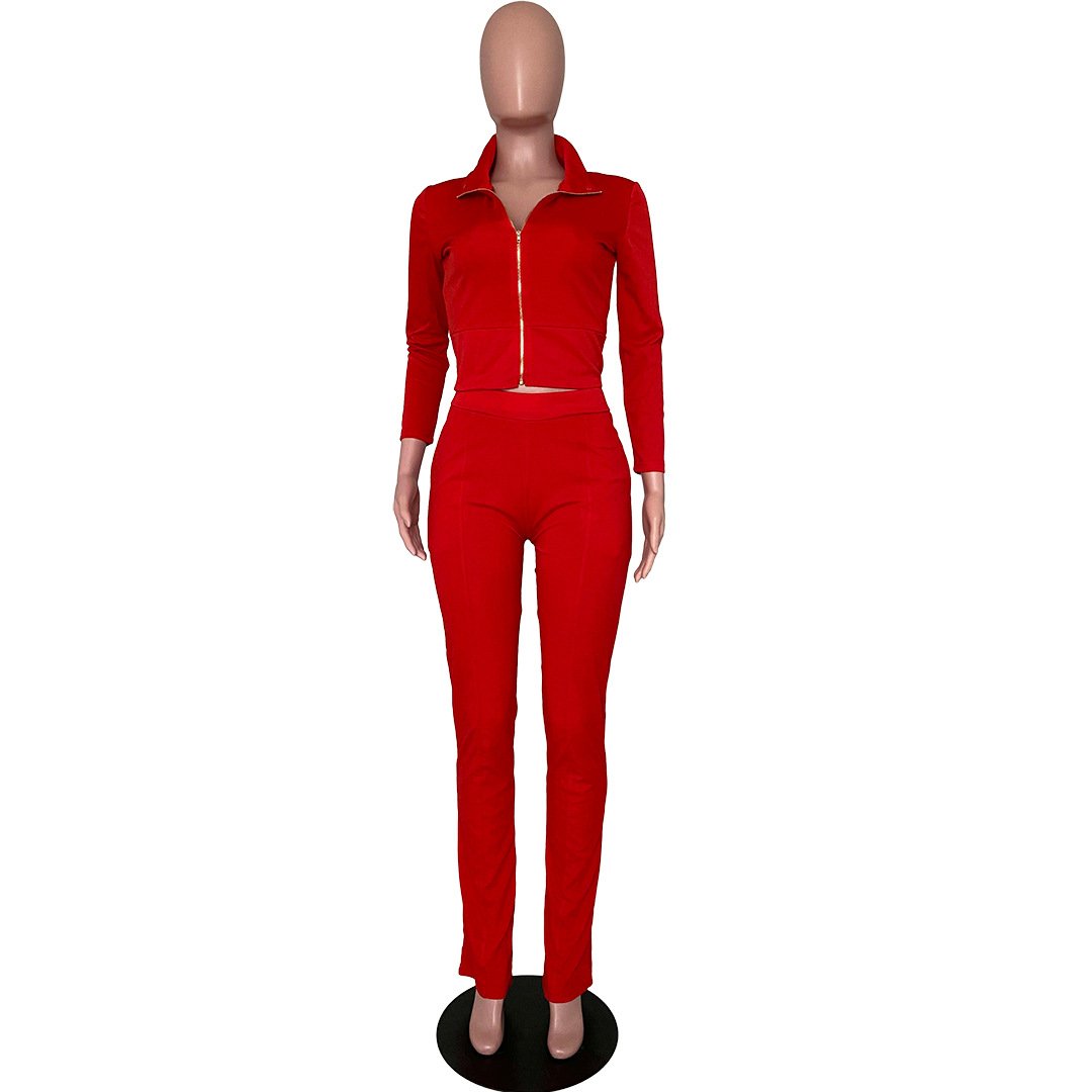 Vrouwen Effen Kleur Tweedelige Set Lange Mouwen Turn-Down Kraag Rits Jas Gestapeld Broek Leggings Jogger Set outfit Voor Vrouwen