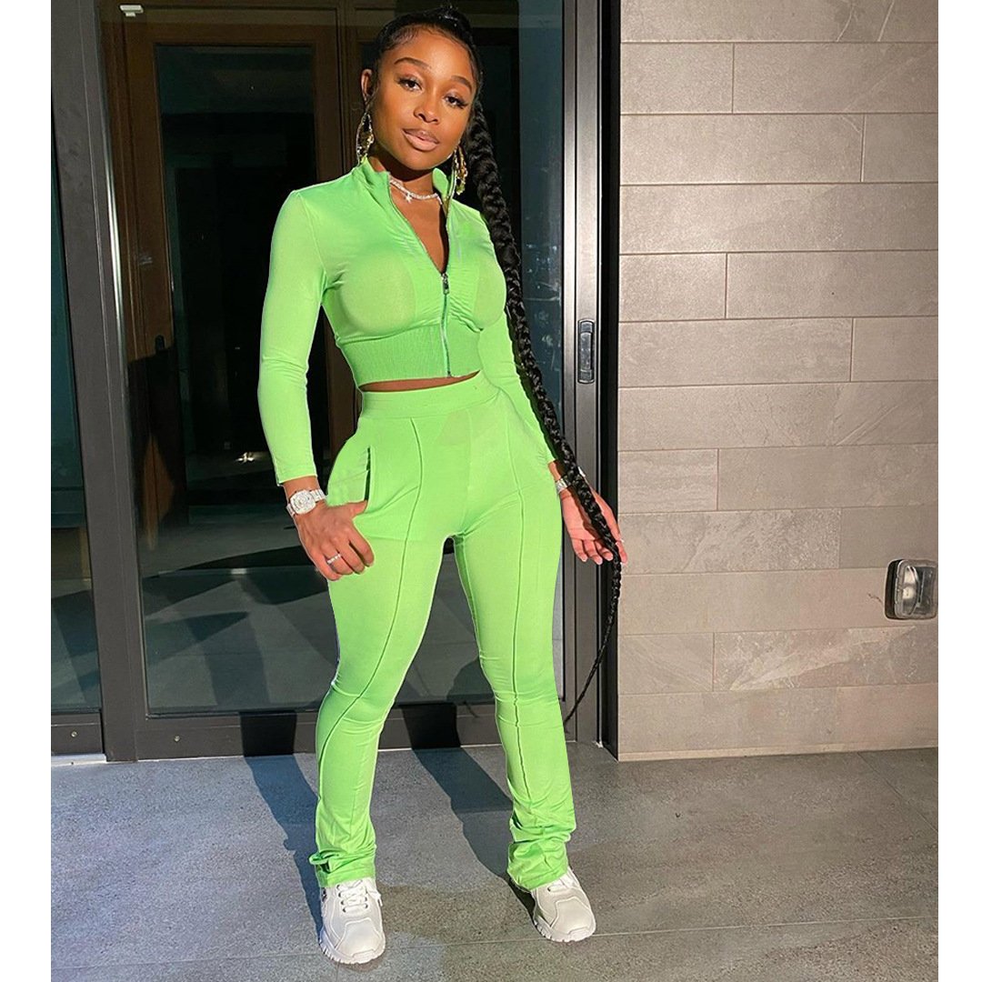 Vrouwen Effen Kleur Tweedelige Set Lange Mouwen Turn-Down Kraag Rits Jas Gestapeld Broek Leggings Jogger Set outfit Voor Vrouwen