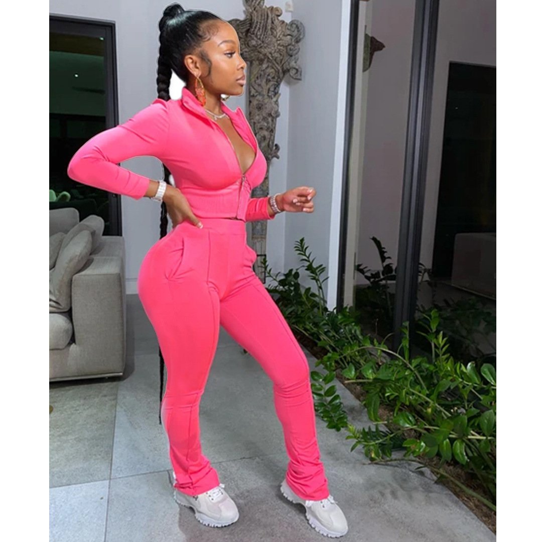 Vrouwen Effen Kleur Tweedelige Set Lange Mouwen Turn-Down Kraag Rits Jas Gestapeld Broek Leggings Jogger Set outfit Voor Vrouwen