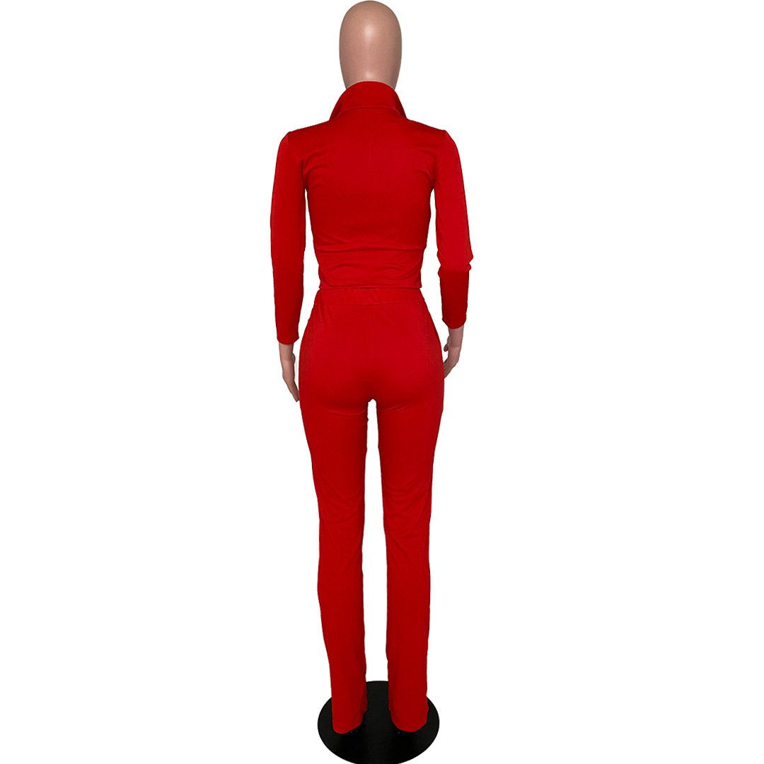 Vrouwen Effen Kleur Tweedelige Set Lange Mouwen Turn-Down Kraag Rits Jas Gestapeld Broek Leggings Jogger Set outfit Voor Vrouwen