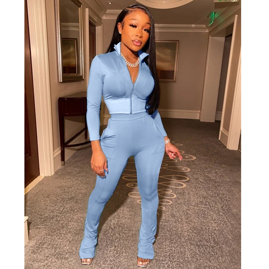Vrouwen Effen Kleur Tweedelige Set Lange Mouwen Turn-Down Kraag Rits Jas Gestapeld Broek Leggings Jogger Set outfit Voor Vrouwen