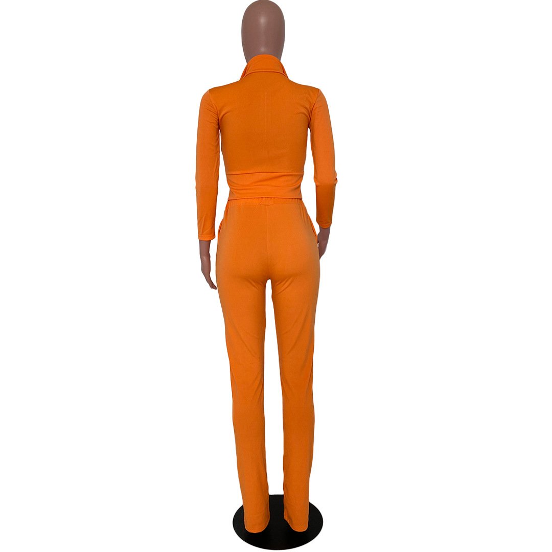 Vrouwen Effen Kleur Tweedelige Set Lange Mouwen Turn-Down Kraag Rits Jas Gestapeld Broek Leggings Jogger Set outfit Voor Vrouwen
