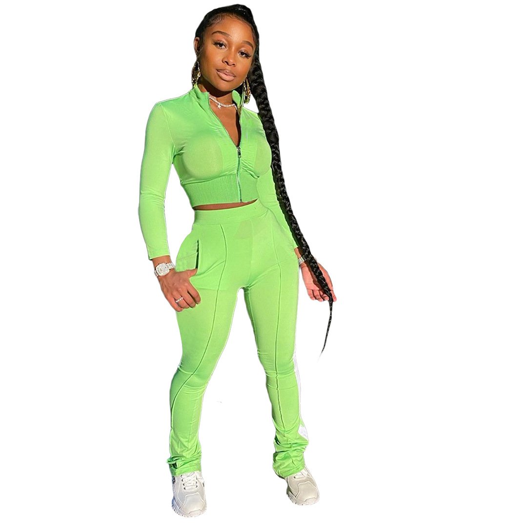 Vrouwen Effen Kleur Tweedelige Set Lange Mouwen Turn-Down Kraag Rits Jas Gestapeld Broek Leggings Jogger Set outfit Voor Vrouwen