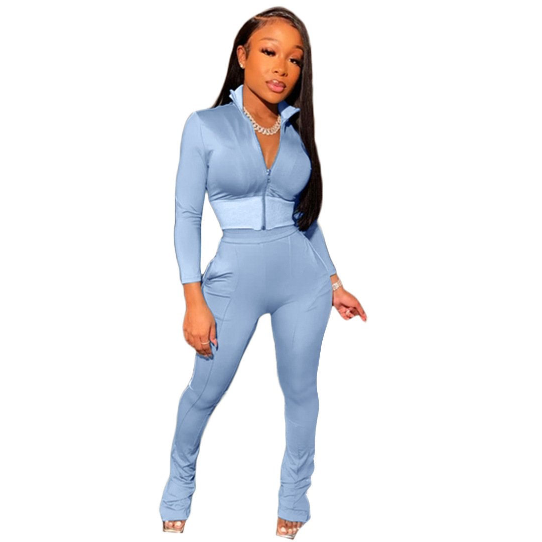 Vrouwen Effen Kleur Tweedelige Set Lange Mouwen Turn-Down Kraag Rits Jas Gestapeld Broek Leggings Jogger Set outfit Voor Vrouwen