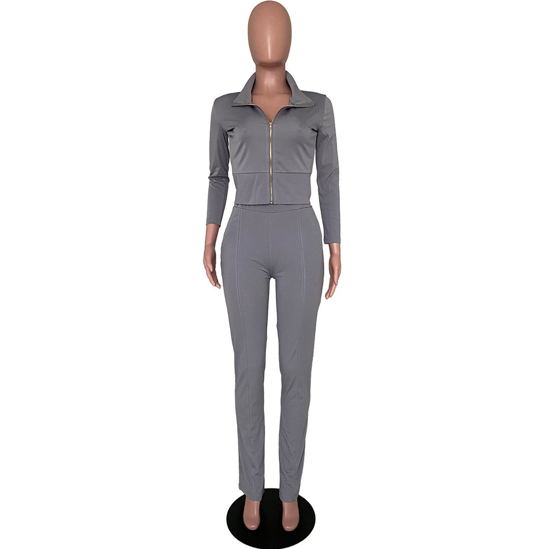 Vrouwen Effen Kleur Tweedelige Set Lange Mouwen Turn-Down Kraag Rits Jas Gestapeld Broek Leggings Jogger Set outfit Voor Vrouwen