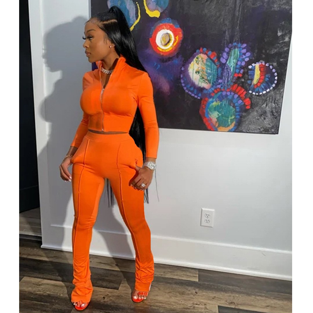 Vrouwen Effen Kleur Tweedelige Set Lange Mouwen Turn-Down Kraag Rits Jas Gestapeld Broek Leggings Jogger Set outfit Voor Vrouwen