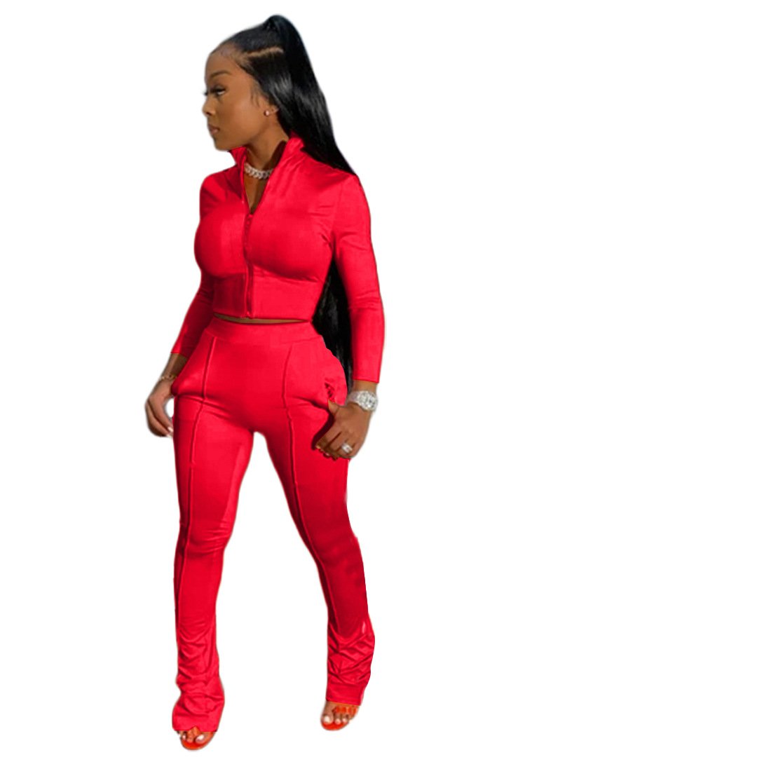 Vrouwen Effen Kleur Tweedelige Set Lange Mouwen Turn-Down Kraag Rits Jas Gestapeld Broek Leggings Jogger Set outfit Voor Vrouwen