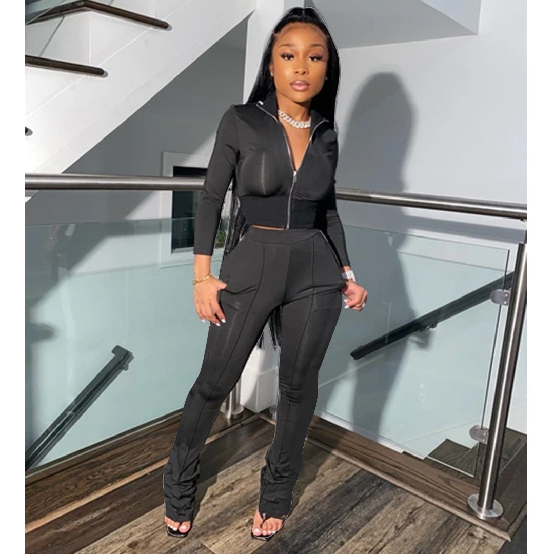 Vrouwen Effen Kleur Tweedelige Set Lange Mouwen Turn-Down Kraag Rits Jas Gestapeld Broek Leggings Jogger Set outfit Voor Vrouwen