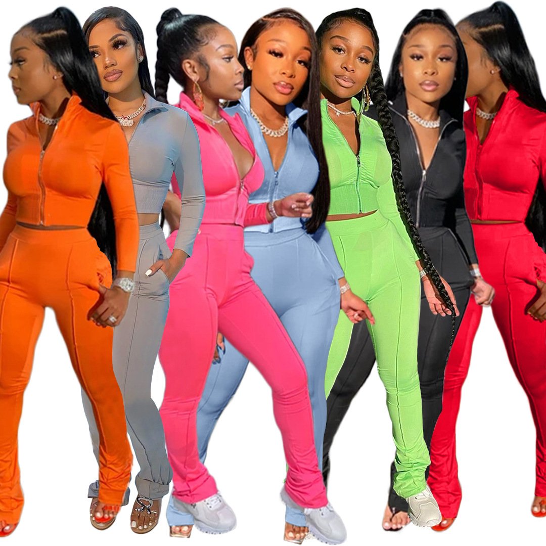 Vrouwen Effen Kleur Tweedelige Set Lange Mouwen Turn-Down Kraag Rits Jas Gestapeld Broek Leggings Jogger Set outfit Voor Vrouwen